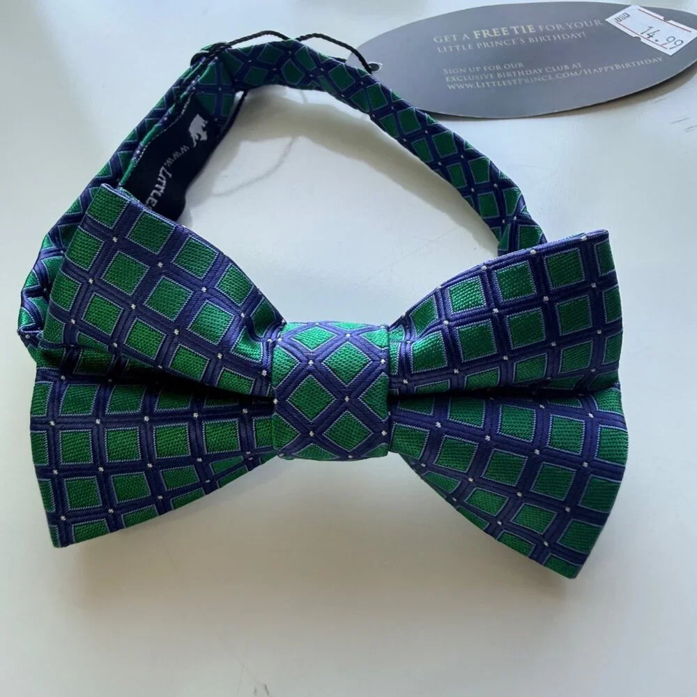 Littlest Prince Bow Tie Set Father & Son Green Blue Polyester Adjustable Pattern